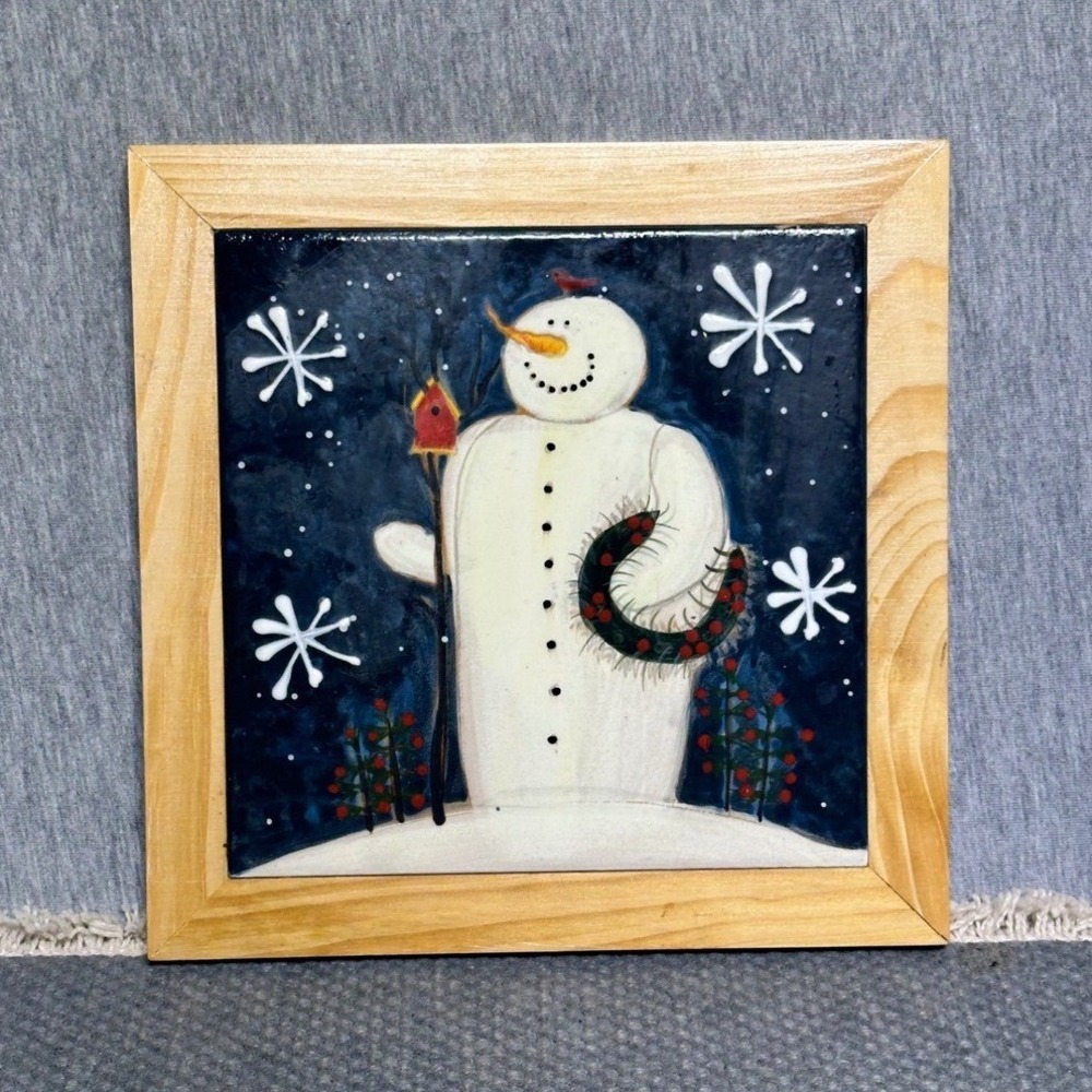 Certified International Snowman Ceramic Trivet Wood Frame Mary Beth Baxter 7.25"